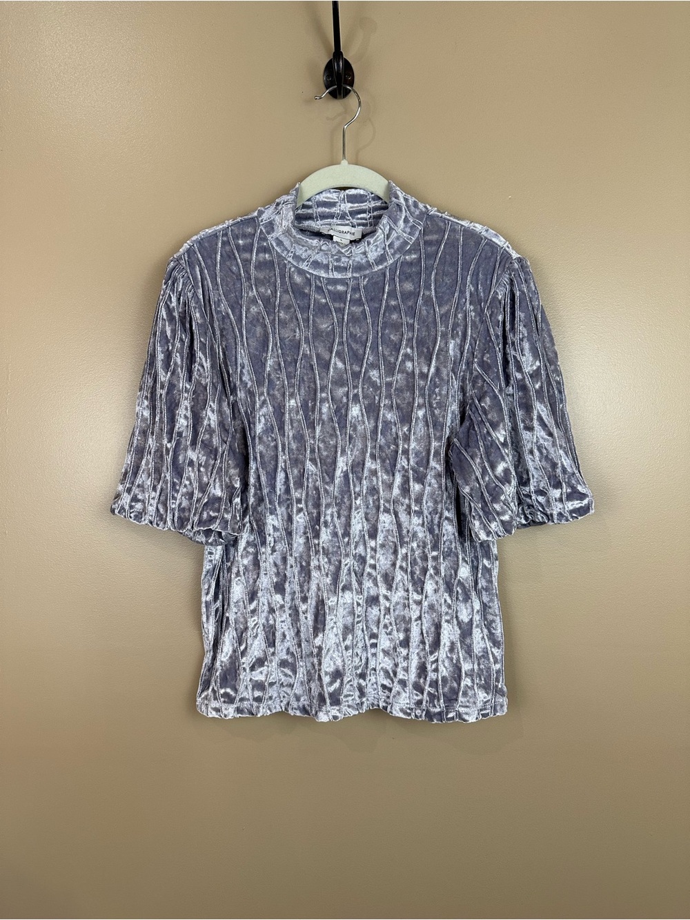 Anthropologie Calligraphie Silver Velvet Mock Neck Puff Sleeve Top Large Holiday